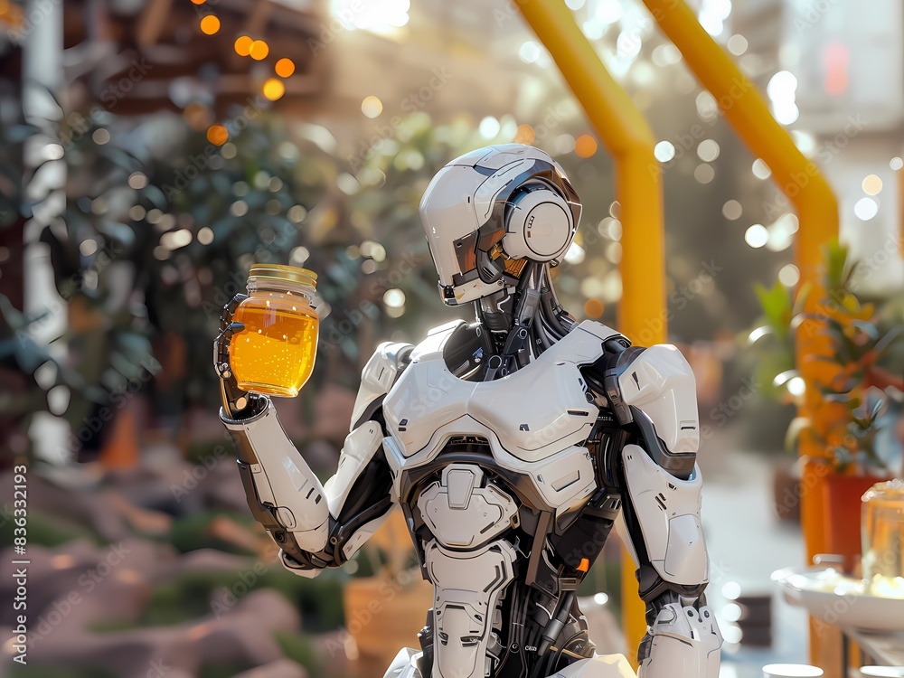 AI-Generated Image of A robot is holding a jar of honey. The robot is white and has a metallic appearance. The scene is set in a garden with several potted plants and a bench. AI-Generated Image of A robot is holding a jar of honey. The robot is white and has a metallic appearance. The scene is set in a garden with several potted plants and a bench.