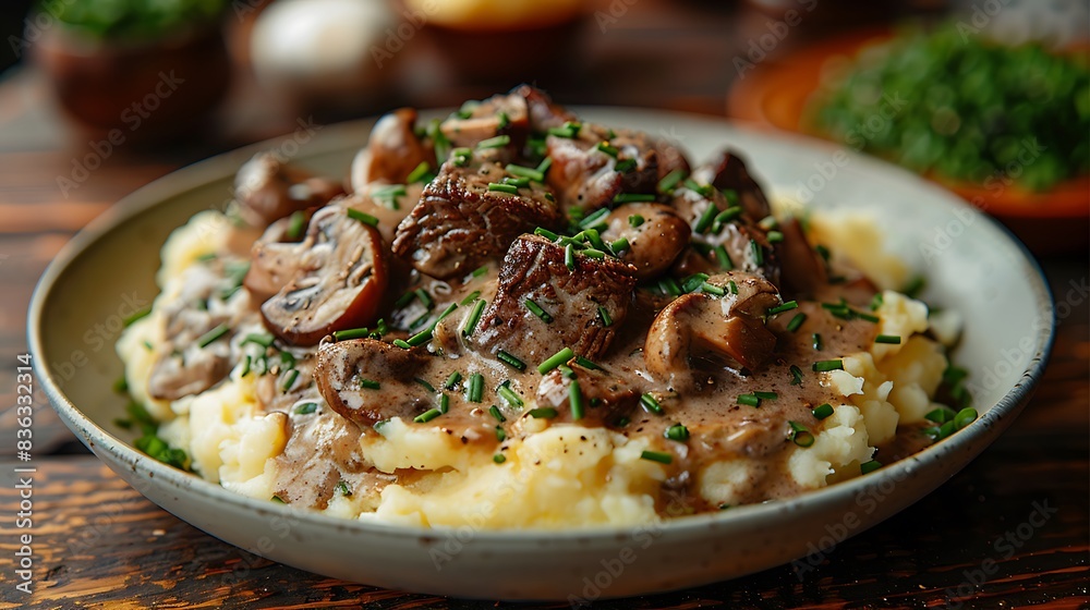 A beautifully plated beef stroganoff, featuring tender beef strips in a creamy mushroom sauce, served over mashed potatoes. A beautifully plated beef stroganoff, featuring tender beef strips in a creamy mushroom sauce, served over mashed potatoes.