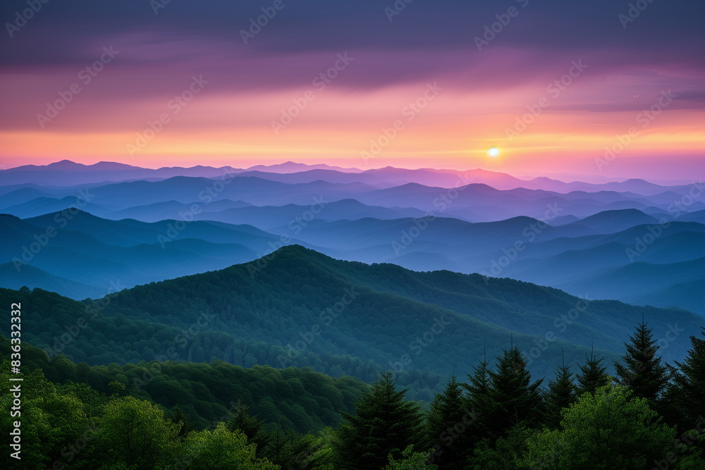 Sunset Over The Great Smokey Mountains with forest.


