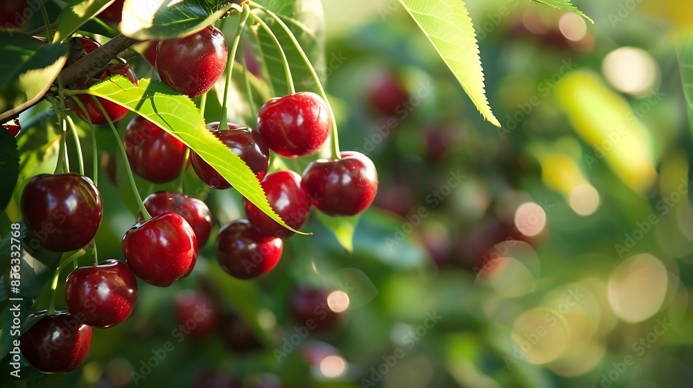 closeup of ripe cherries on green tree branches. closeup of ripe cherries on green tree branches.