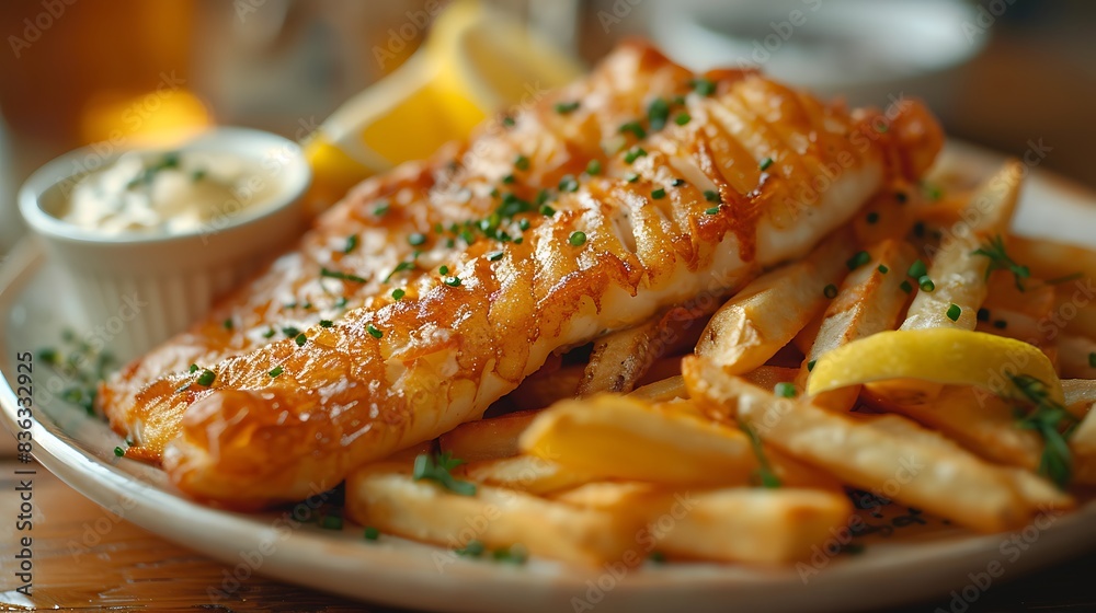 A beautifully plated fish and chips dish, with a golden-brown fish fillet and crispy fries, served with a side of tartar sauce and a lemon wedge. A beautifully plated fish and chips dish, with a golden-brown fish fillet and crispy fries, served with a side of tartar sauce and a lemon wedge.