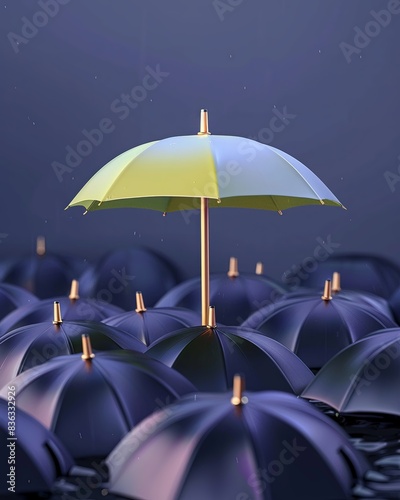A green umbrella amidst a cluster of black ones, standing out in leadership, 3D render, isolated photo