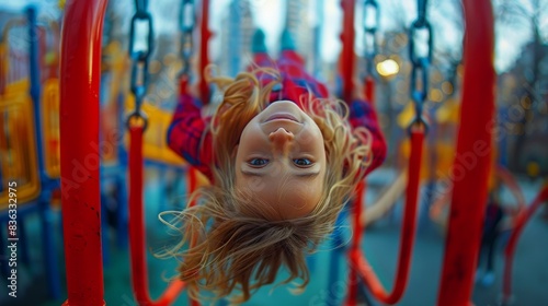 Image of a child having fun hanging upside down from red monkey bars at playground photo