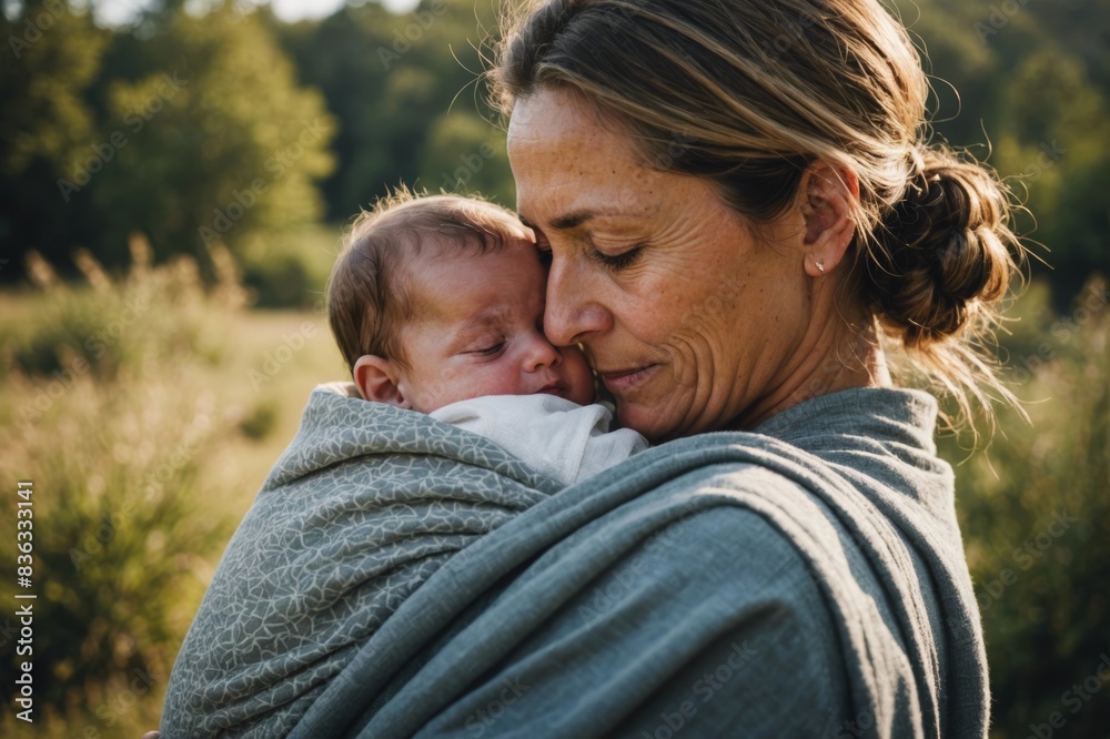 Fototapeta premium Mother carrying baby sleeping in her arms