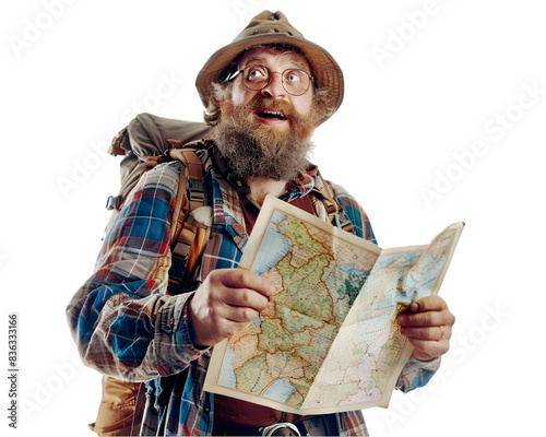 Tourist with a map happy for destination on transparent background