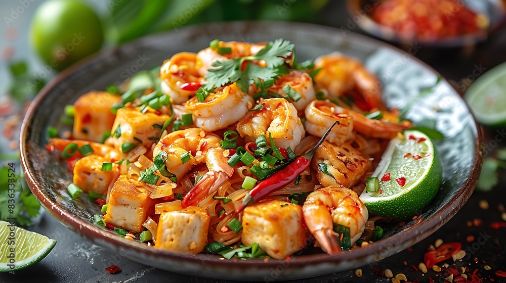 A beautifully plated Pad Thai, with vibrant vegetables, shrimp, and tofu, garnished with lime wedges and chili flakes. A beautifully plated Pad Thai, with vibrant vegetables, shrimp, and tofu, garnished with lime wedges and chili flakes.