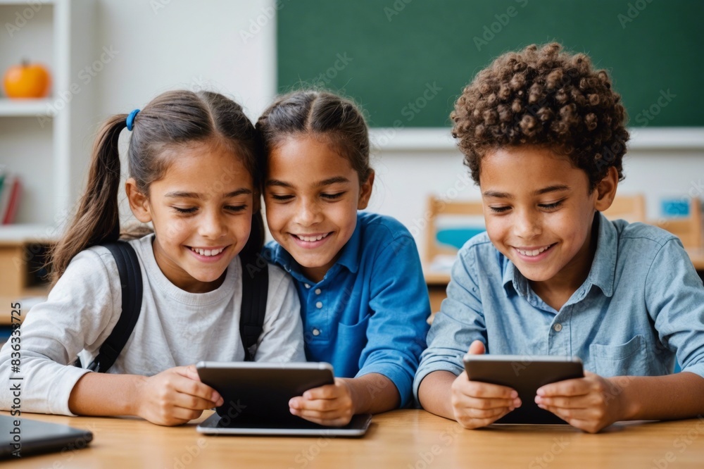 ICT in Education : Happy Boy and Girl Utilizing Digital Devices ICT in Education : Happy Boy and Girl Utilizing Digital Devices