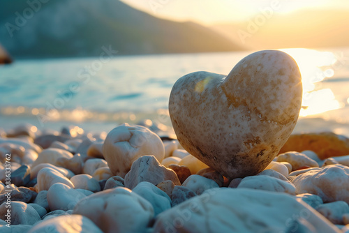 Vacation summer holiday travel tropical ocean sea panorama - Close up of stone heart on stone beach, with ocean or lake landscape in the background closeup


