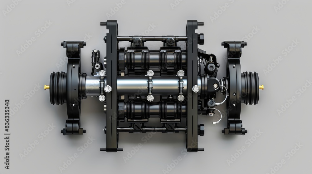 Top view of air compressor mechanism, 3D render, flat design, industrial theme, monochromatic colors. Perfect for technical and engineering visuals Top view of air compressor mechanism, 3D render, flat design, industrial theme, monochromatic colors. Perfect for technical and engineering visuals