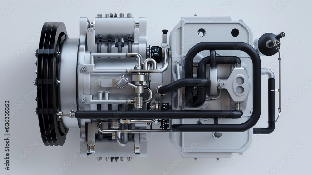 Top view of air compressor mechanism, 3D render, flat design, industrial theme, monochromatic colors. Perfect for technical and engineering visuals Top view of air compressor mechanism, 3D render, flat design, industrial theme, monochromatic colors. Perfect for technical and engineering visuals