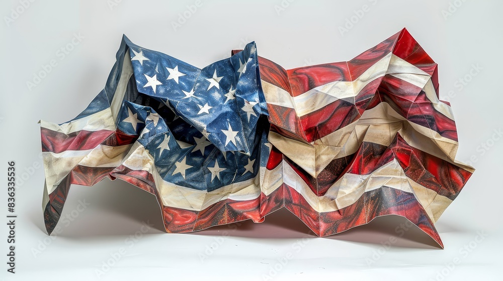 Fototapeta premium Patriotic American flag origami sculpture, featuring precise geometric folds and elegant design. Great for themes of national pride and artistic expression
