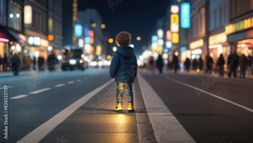 Wallpaper Mural "Lonely Child Standing on Busy Night Street - Urban City Lights Background - Winter Evening Warm Coat" Torontodigital.ca
