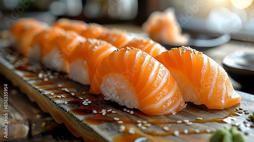 A close-up of salmon nigiri sushi, featuring perfectly sliced salmon over vinegared rice, with a touch of wasabi.