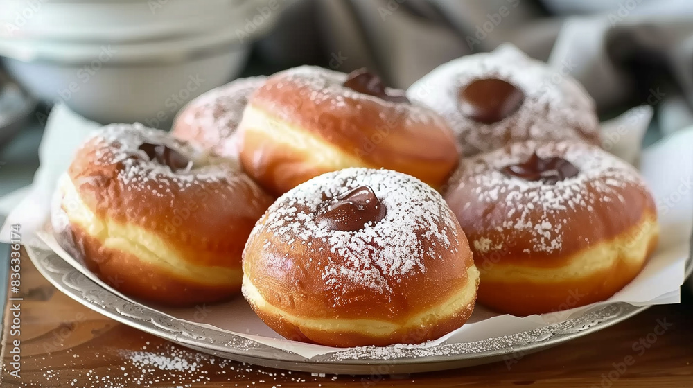 Closeup on a white plate with Jewish donuts (sufganiyot) with chocolate filling and sugar icing on a kitchen table for Hanukkah