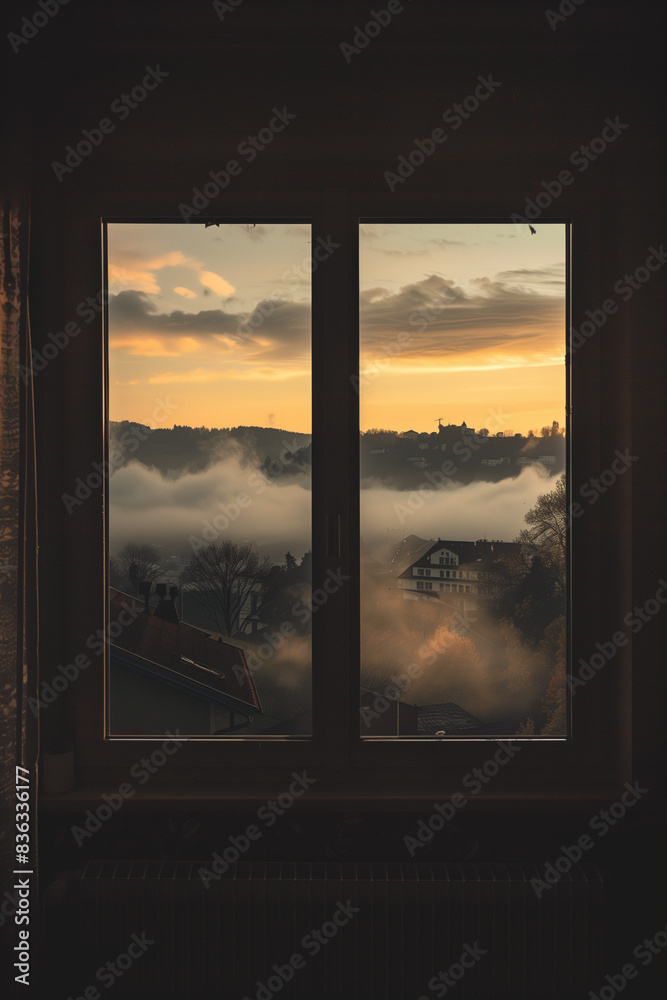 During golden hour, a wooden window offers a view of a small town obscured by an extremely foggy valley. During golden hour, a wooden window offers a view of a small town obscured by an extremely foggy valley.