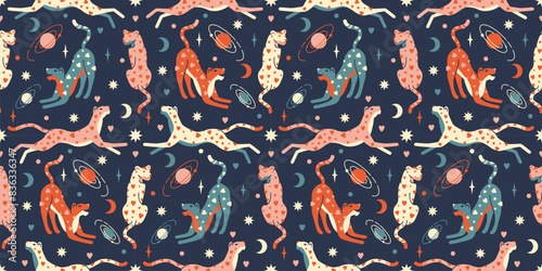 Dreamlike seamless wallpaper. Vintage celestial backdrop with playful cheetah in a cosmic space among the stars. Contemporary stylized hand drawn background. Trendy sacred bohemian aesthetic.