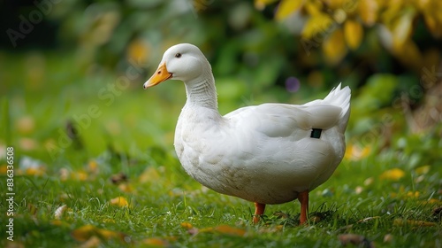 A Pekin duck from Aylesbury in white color looking for food