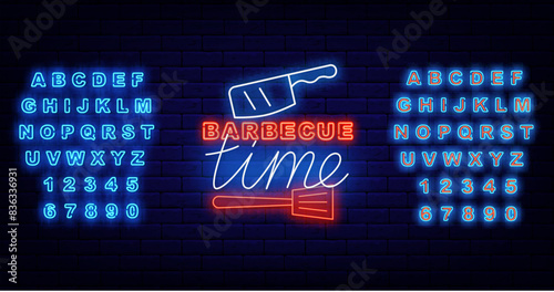 Barbecue time neon label with lettering. Grill party invitation. Glowing blue alphabet. Butcher axe symbol. Catering design on brick wall. Editable stroke. Vector stock illustration