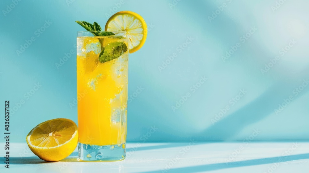 Fototapeta premium Cocktail refreshing lemon drink on summer blue background