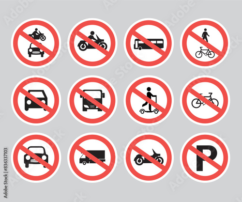 Free Download Red Prohibition Vehicles Sign Set. No Motor Bike, No Vehicles, No Bicycles, No Automobiles. Trucks, Buses, Vans, Scooters, Bicycles and Motorcycles Not Allowed. Vector. - GFXLoad