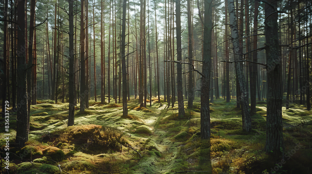 Obraz premium A dense pine forest in northern Europe, with tall trees and mosscovered ground, showcasing the natural beauty of an old growth woodland