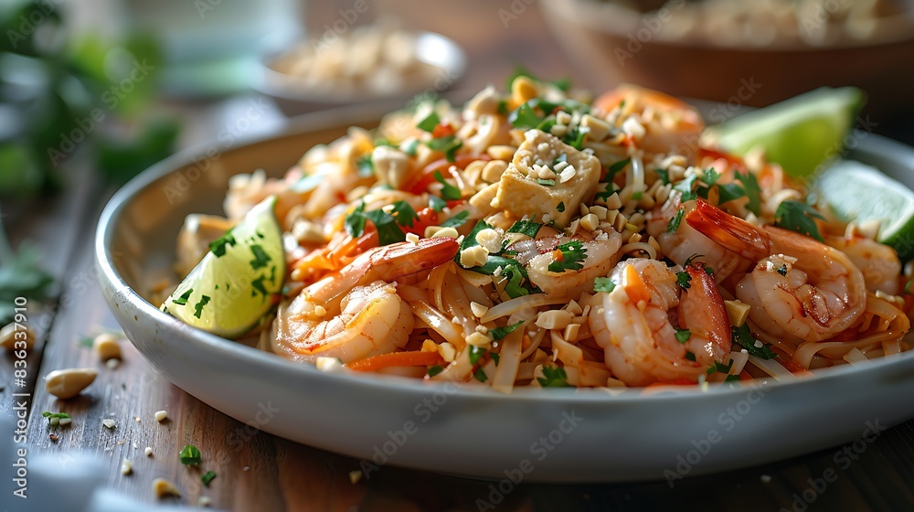A close-up view of a traditional Pad Thai, featuring stir-fried rice noodles, shrimp, tofu, bean sprouts, and crushed peanuts, garnished with lime wedges and fresh cilantro. A close-up view of a traditional Pad Thai, featuring stir-fried rice noodles, shrimp, tofu, bean sprouts, and crushed peanuts, garnished with lime wedges and fresh cilantro.