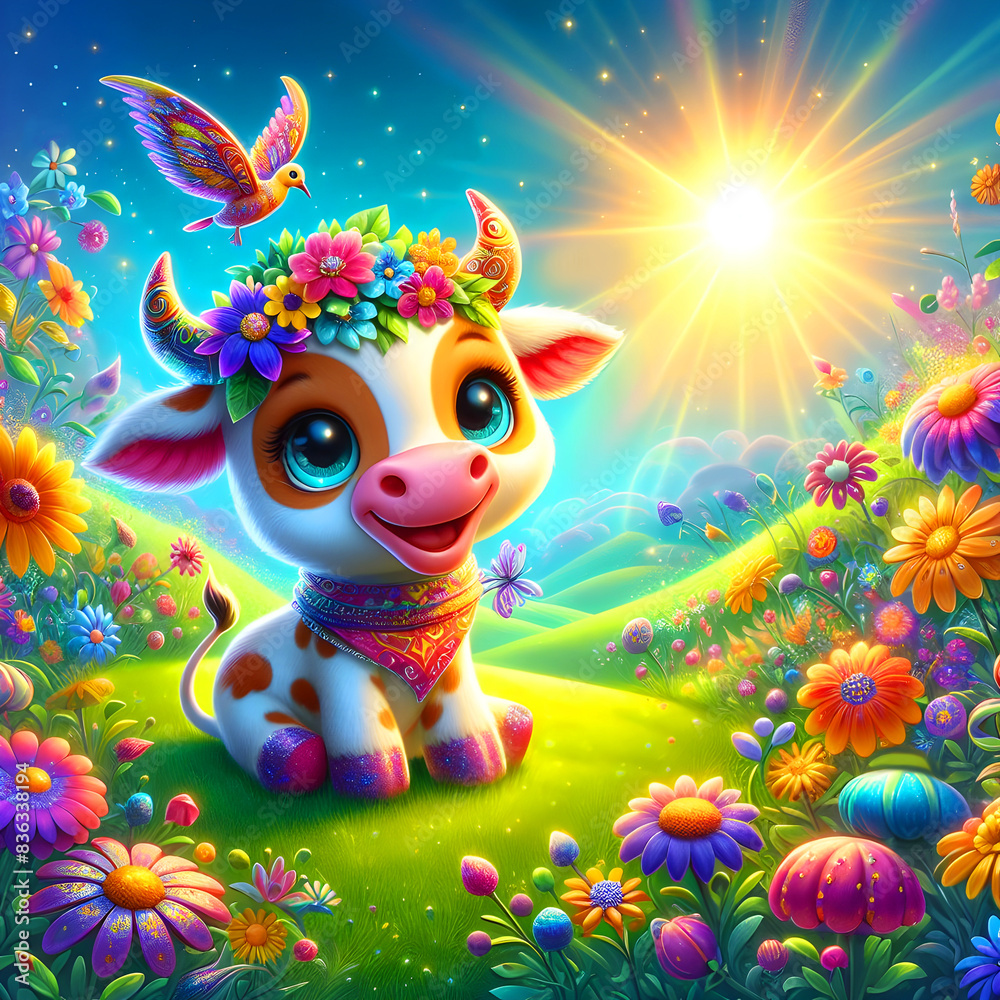Naklejka premium Cartoon cute cow sitting on grass smiling with floral crown a bird sunny day in a blooming valley