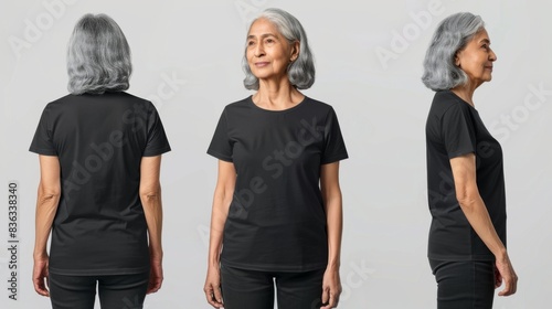 senior indian woman wearing black t-shirt. Side view, back and front view mockup template