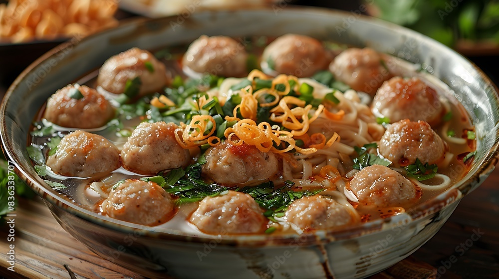A delicious serving of bakso, featuring a rich broth with meatballs, noodles, and vegetables, garnished with fresh cilantro and fried shallots. A delicious serving of bakso, featuring a rich broth with meatballs, noodles, and vegetables, garnished with fresh cilantro and fried shallots.