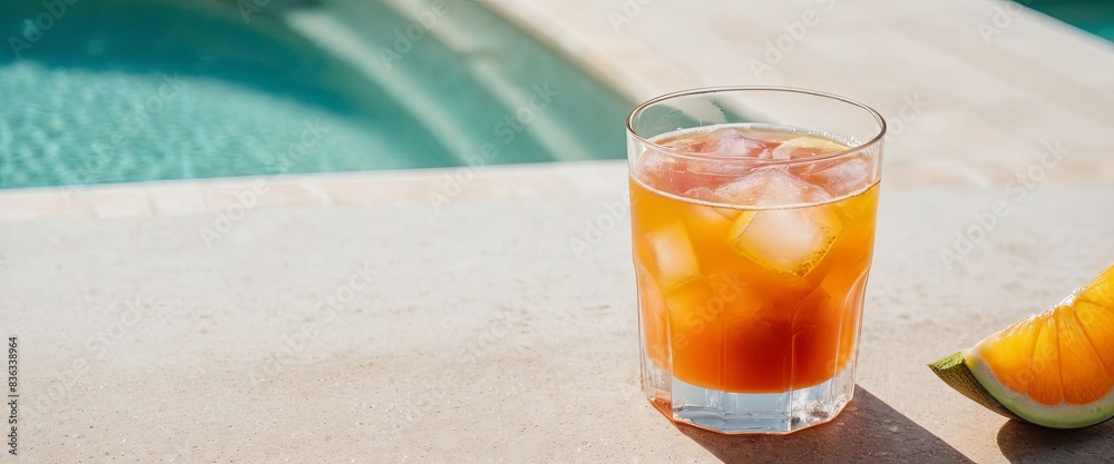 Glass of iced fruit juice sits next to a slice of orange on a table by the pool Glass of iced fruit juice sits next to a slice of orange on a table by the pool