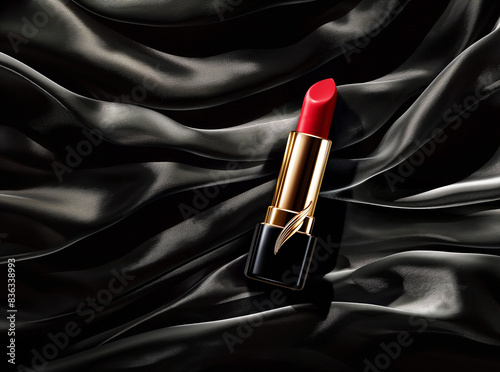 Red lipstick in a black and gold cap on a background of silk black fabric