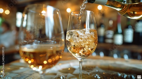 A moment of pouring white wine elegantly into a glass is captured  with a focus on the bubbles and clarity of the wine