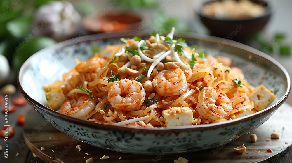 A delicious serving of Pad Thai with stir-fried rice noodles, tofu, and shrimp, topped with bean sprouts and crushed peanuts. A delicious serving of Pad Thai with stir-fried rice noodles, tofu, and shrimp, topped with bean sprouts and crushed peanuts.