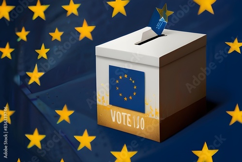 "Experience the diversity of Europe's citizens as they cast their votes in the EU election, with a ballot box adorned with the iconic blue and yellow stars of the European Union flag."