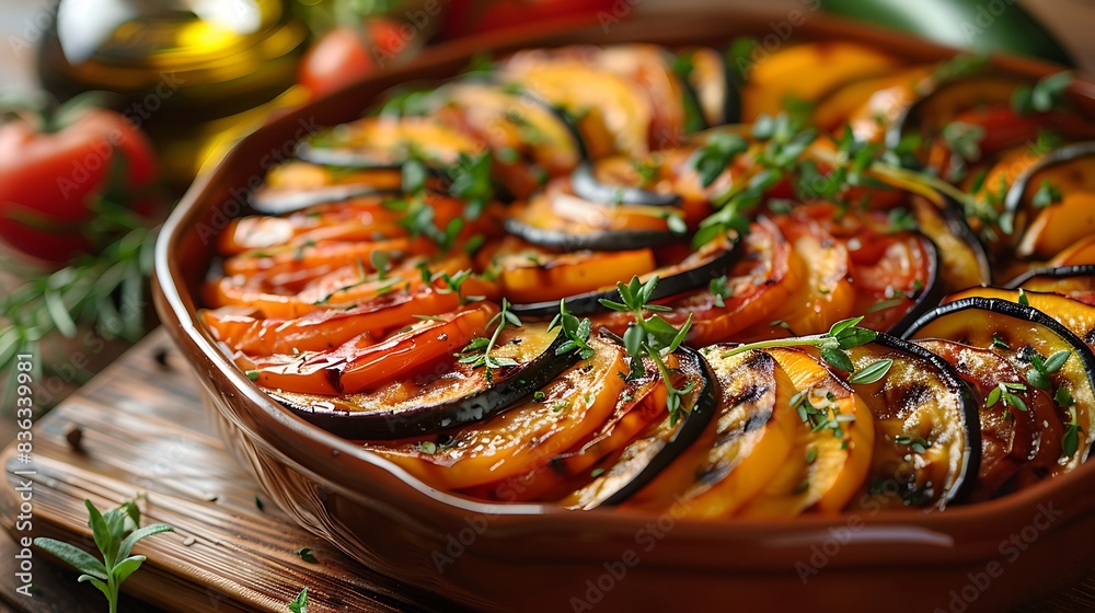 A delicious serving of ratatouille, with thin slices of tomatoes, zucchini, and eggplant, topped with fresh herbs and olive oil. A delicious serving of ratatouille, with thin slices of tomatoes, zucchini, and eggplant, topped with fresh herbs and olive oil.