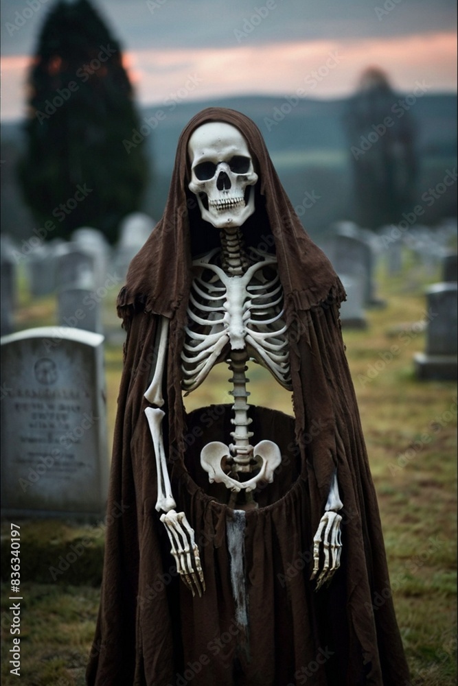A macabre skeleton figure stands in the graveyard with skeletal frame A macabre skeleton figure stands in the graveyard with skeletal frame