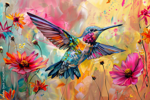 A colorful painting of a hummingbird with a pink flower in its beak