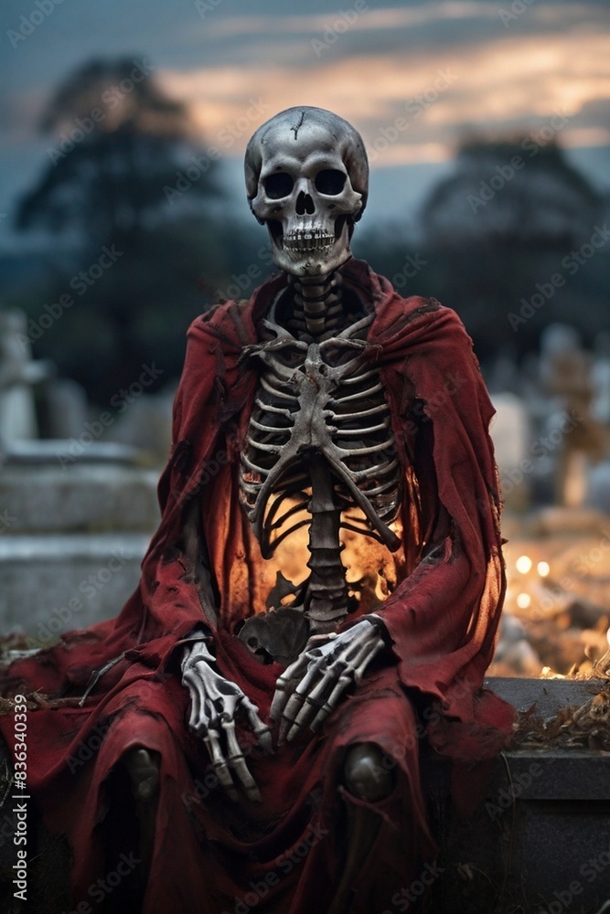 A macabre skeleton figure stands in the graveyard with skeletal frame A macabre skeleton figure stands in the graveyard with skeletal frame