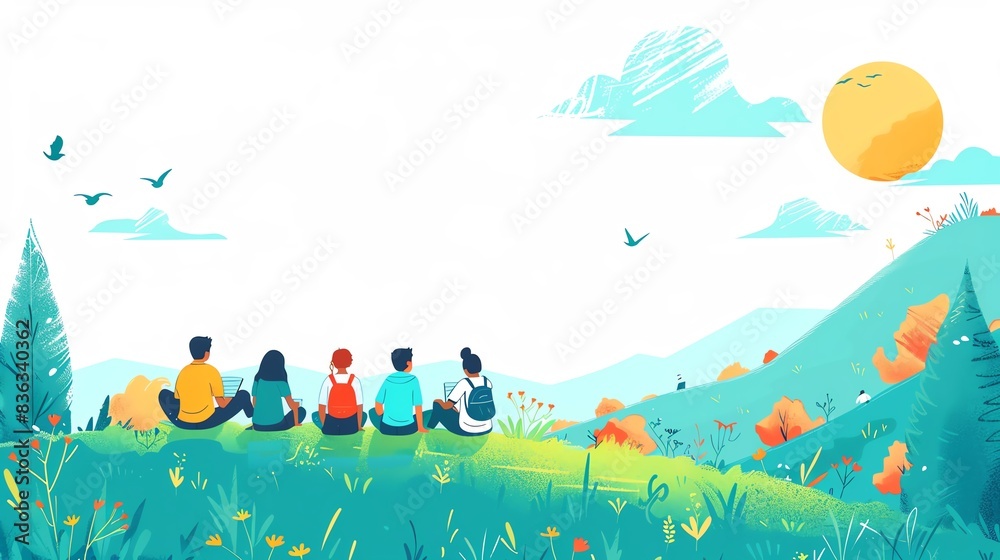 Diverse students learning together in a serene countryside landscape, illustrating harmony and educational engagement Isolated white background, copy space Diverse students learning together in a serene countryside landscape, illustrating harmony and educational engagement Isolated white background, copy space