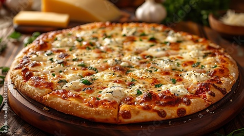 A four-cheese pizza with a mix of mozzarella, cheddar, Parmesan, and blue cheese, baked to perfection with a golden crust.