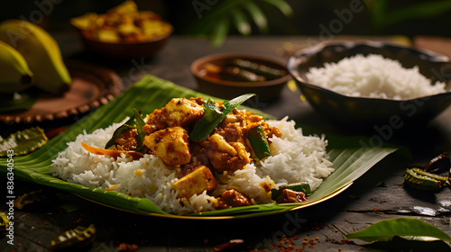 South Indian Culture: Rice on Banana Leaf with Chicken Curry photo