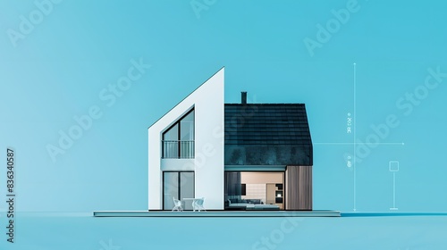 a modern, small house design showing one side fully built and the other side as a blueprint sketch, placed on a solid color background © Creative_Hub