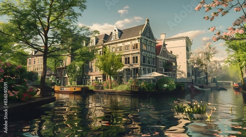 A picturesque waterfront house along the canals of Amsterdam, Netherlands, 8k. photo