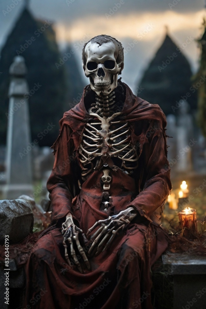 A macabre skeleton figure stands in the graveyard with skeletal frame A macabre skeleton figure stands in the graveyard with skeletal frame