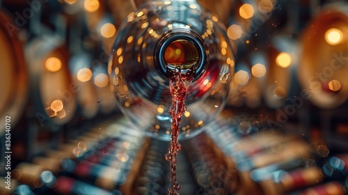 Artistic perspective shot of red wine pouring out of the bottle with a blurred cellar background