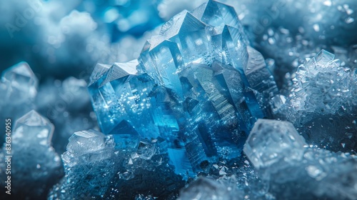 Elegant macro photography of a blue crystal cluster with intricate details and vibrant shades of blue