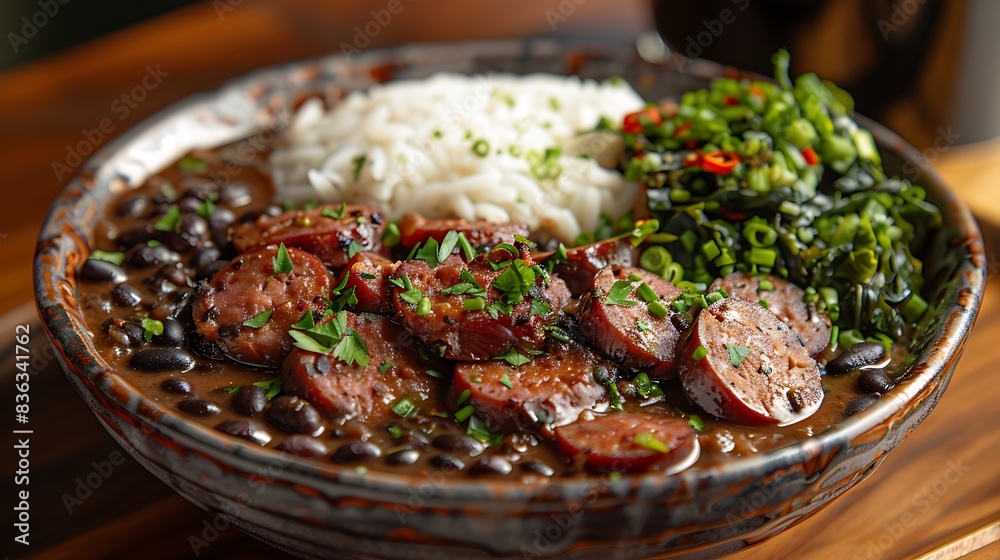 A gourmet version of feijoada, featuring a rich black bean stew with various cuts of pork and sausage, garnished with fresh parsley. A gourmet version of feijoada, featuring a rich black bean stew with various cuts of pork and sausage, garnished with fresh parsley.