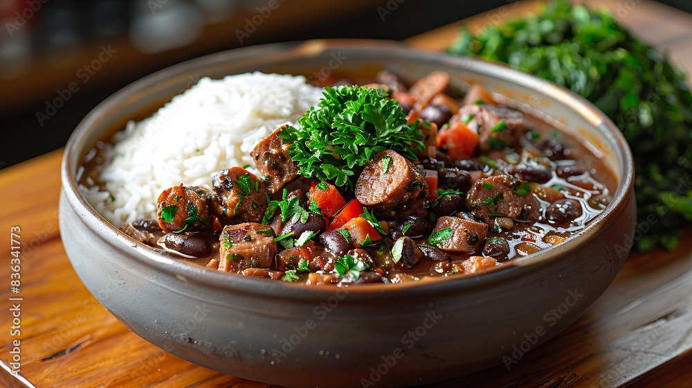 A gourmet version of feijoada, featuring a rich black bean stew with various cuts of pork and sausage, garnished with fresh parsley.