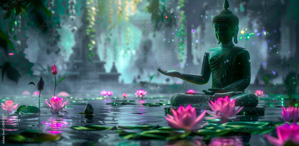 Serene Buddha Statue Amidst Blooming Lotus Flowers: A Tranquil Scene Capturing Spiritual Harmony, Peaceful Reflection, and Natural Beauty in a Mystical Water Garden Wallpaper Digital Art Poster Serene Buddha Statue Amidst Blooming Lotus Flowers: A Tranquil Scene Capturing Spiritual Harmony, Peaceful Reflection, and Natural Beauty in a Mystical Water Garden Wallpaper Digital Art Poster