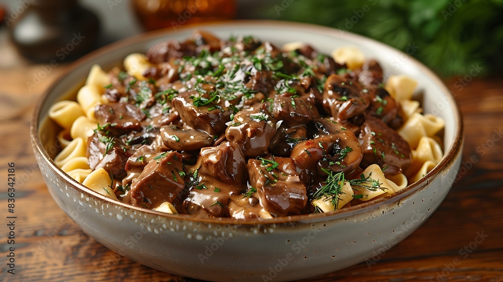 A hearty bowl of beef stroganoff, featuring sautéed beef strips in a creamy mushroom sauce, served over buttered noodles. A hearty bowl of beef stroganoff, featuring sautéed beef strips in a creamy mushroom sauce, served over buttered noodles.